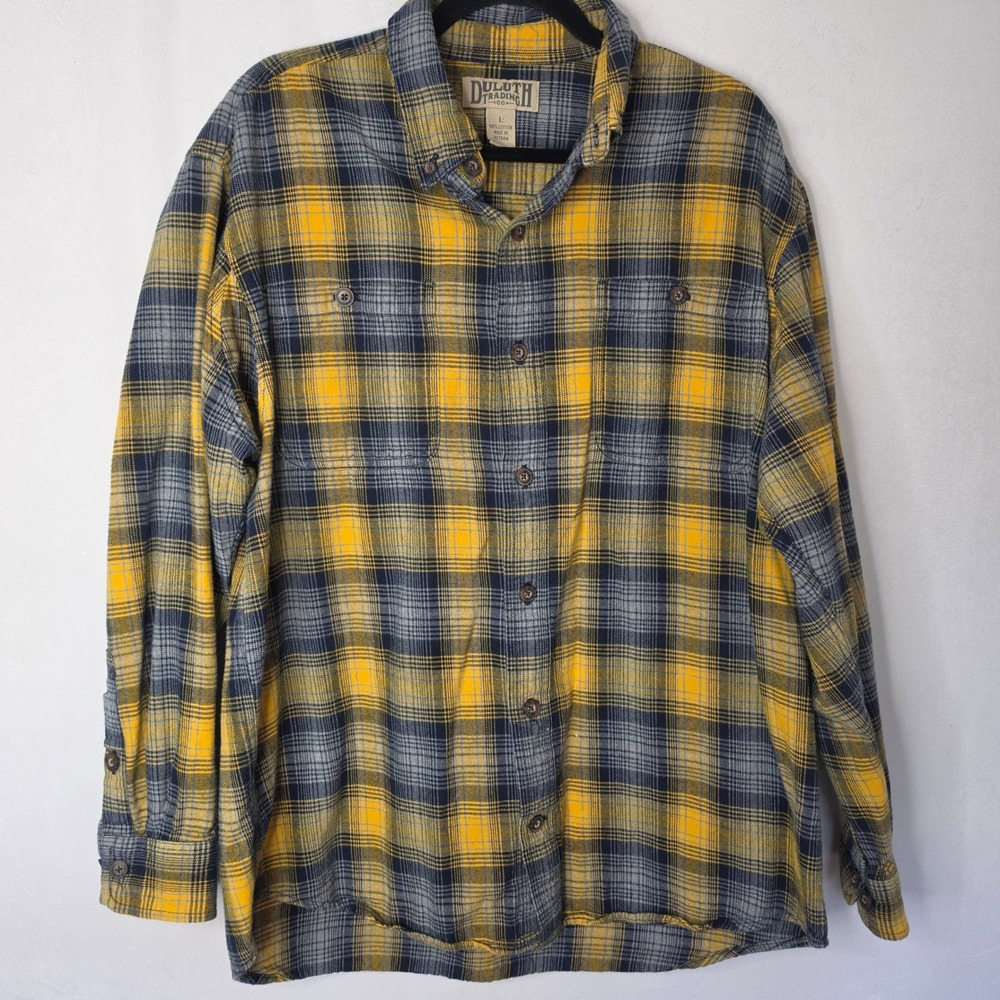 Duluth Trading Co Mens Yellow Navy Plaid Flannel Button Down Shirt Large